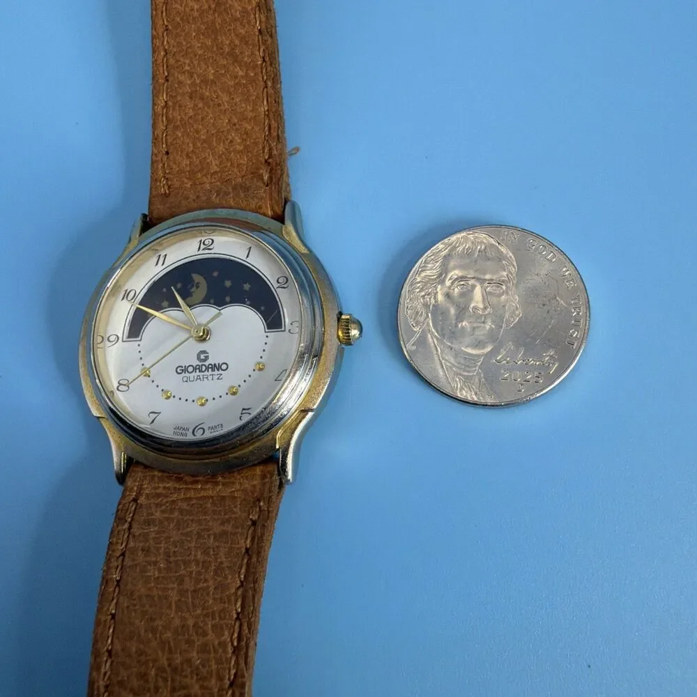 Beautiful Vintage Giordano Star Moon Phase Watch, Brown Leather Band Runs Great